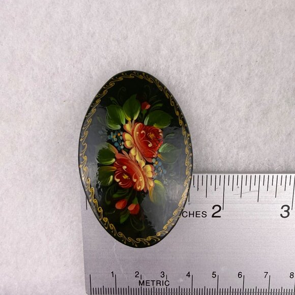 Hand-Painted Vintage Brooch Women Black Lacquer Floral Design Oval 1992 Original - Picture 6 of 6